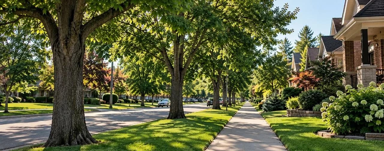 A tree-lined residential street in Ward 1 with a sidewalk and front gardens