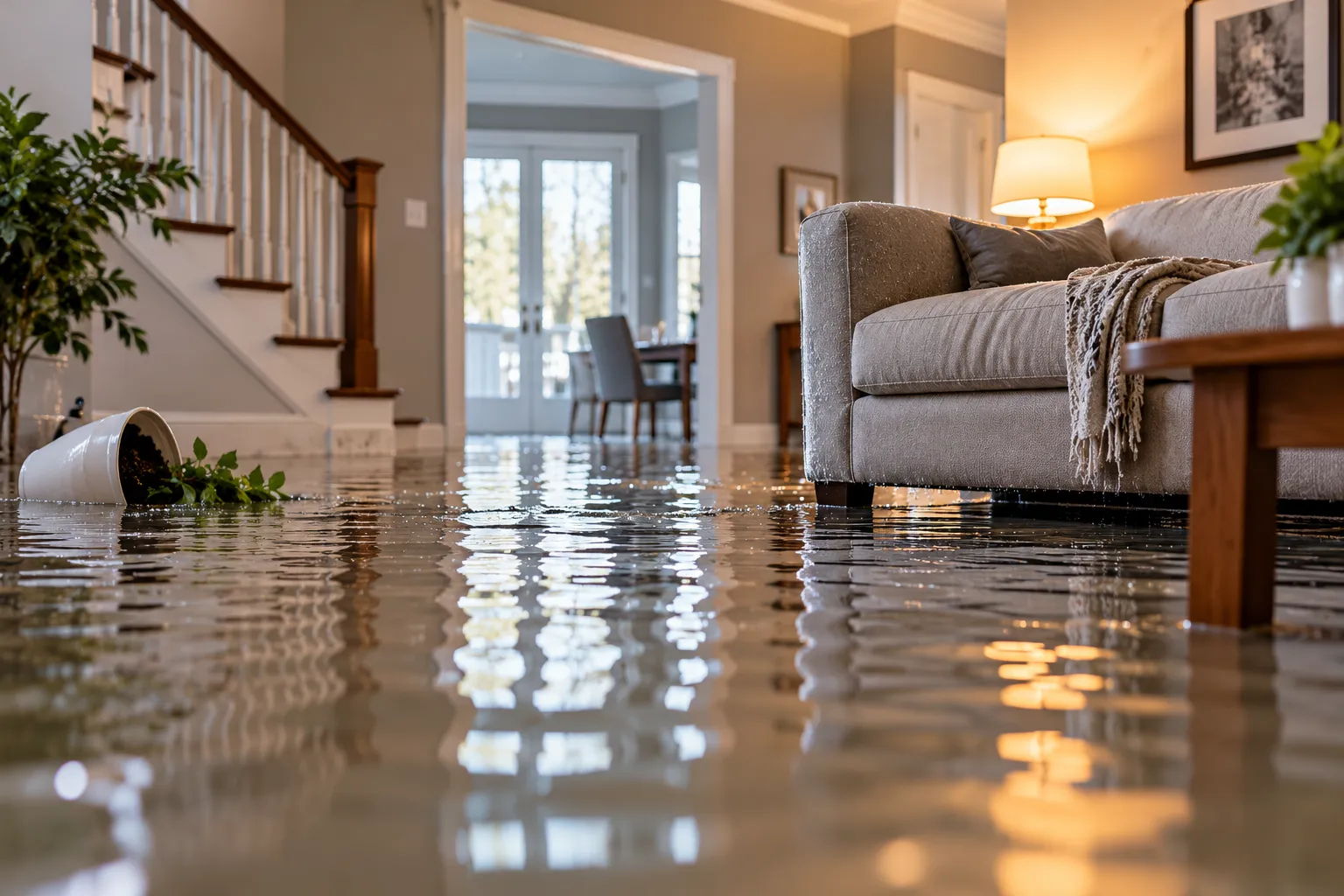 Floodwater covering the floor of a home's living room