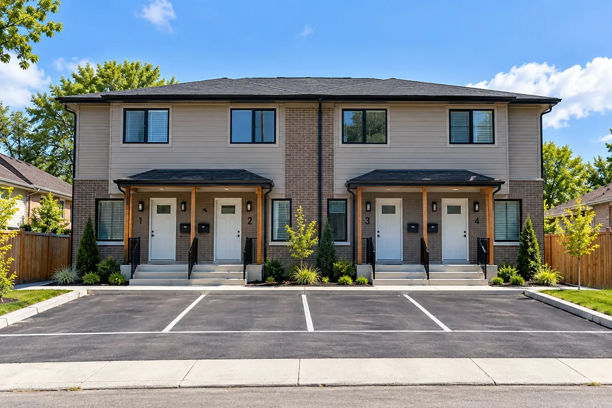 A two-storey fourplex with four numbered front doors and a paved parking pad
