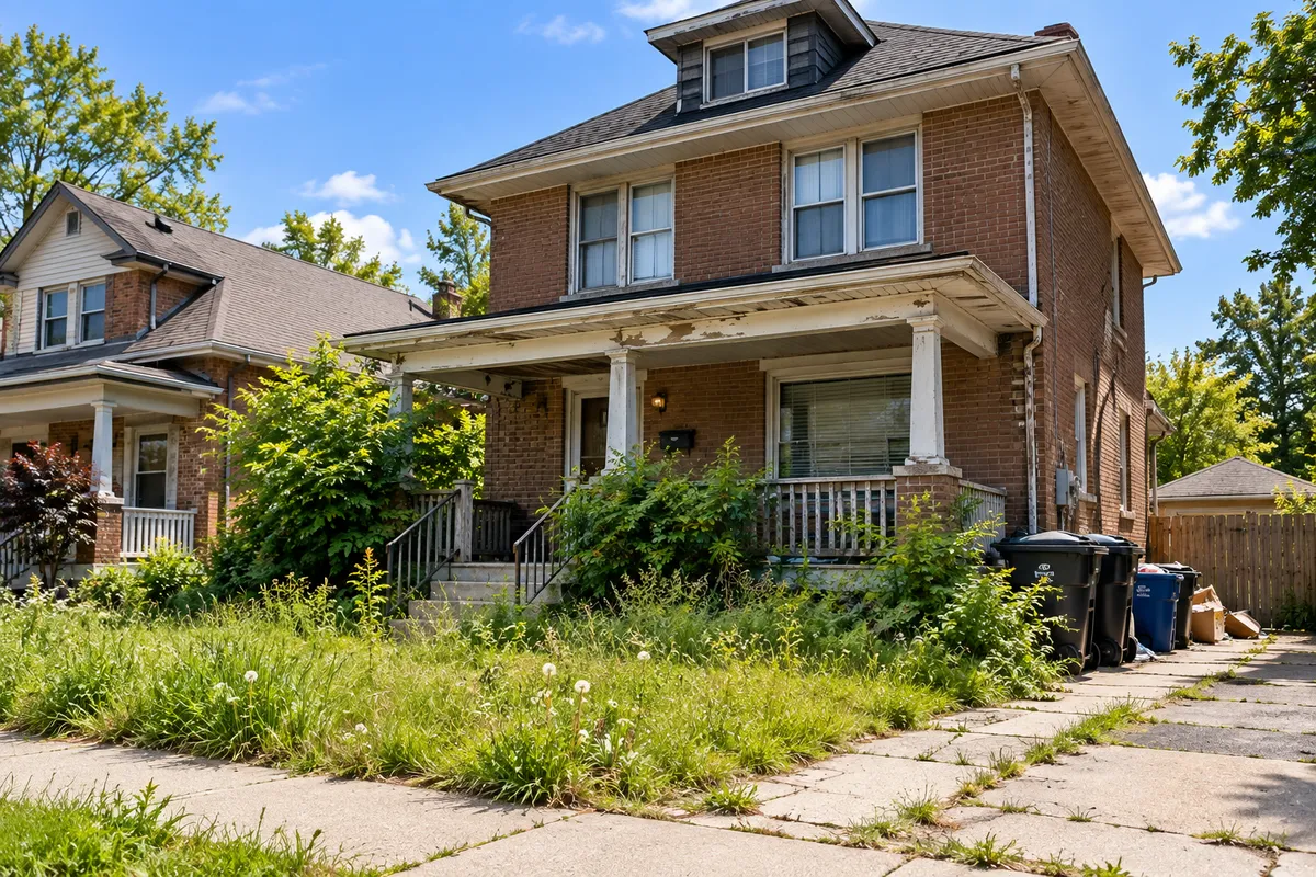A brick house with a peeling porch, an overgrown lawn and garbage bins left out front
