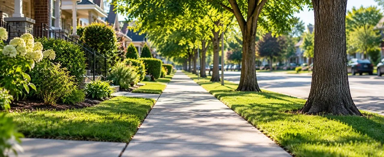 A sunny tree-lined sidewalk running past front gardens on a residential street